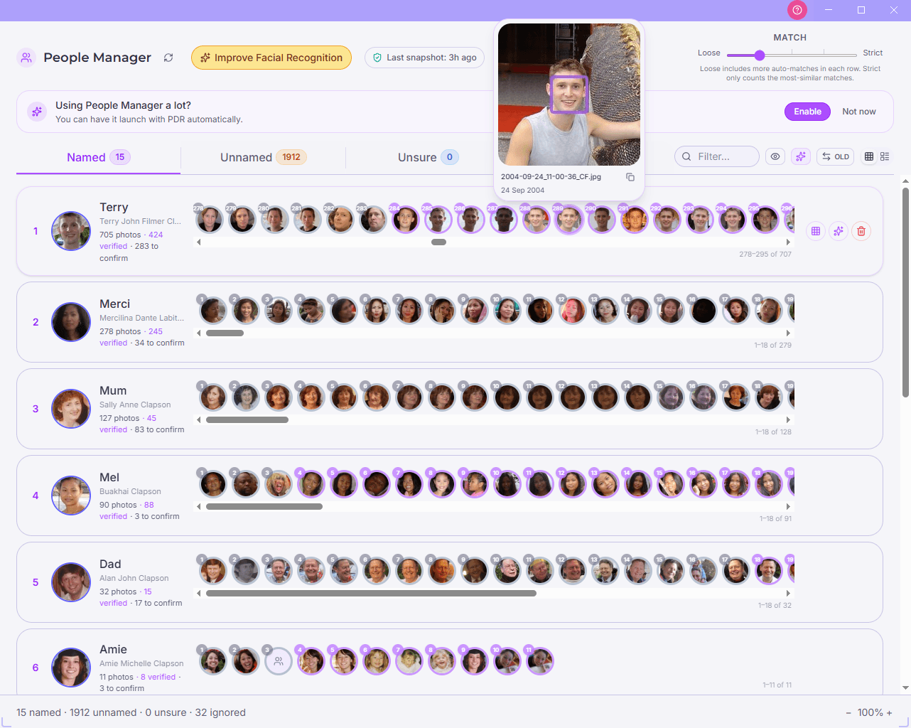 Photo Date Rescue Person Manager grouping AI-detected faces by person with name tagging across the library