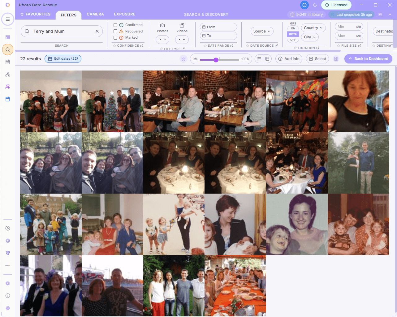 Photo Date Rescue Search & Discovery view filtering the library by date, GPS location, person, and metadata fields