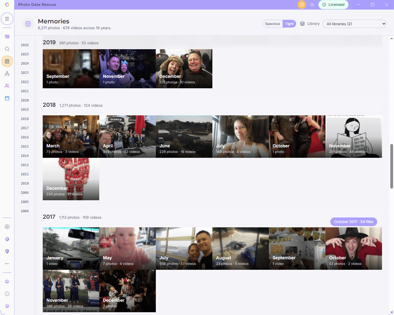 Photo Date Rescue Memories view: auto-curated photo collections grouped by trip, year, season, and people