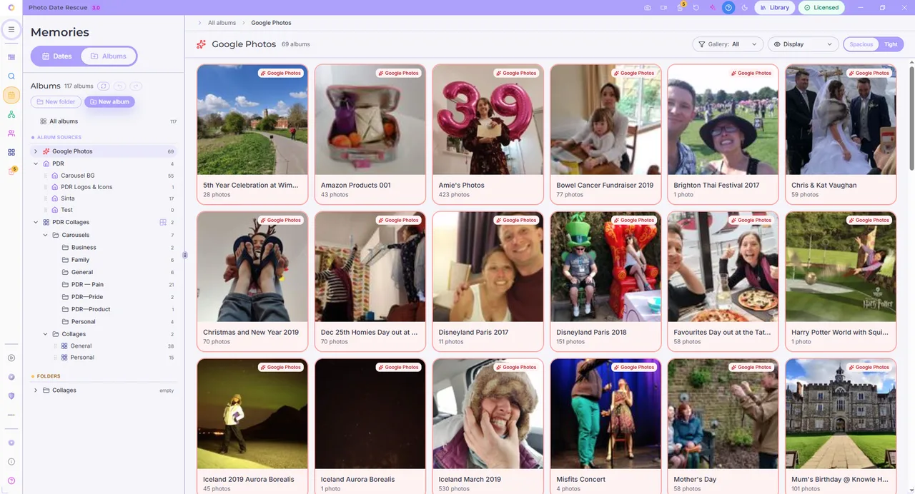 Photo Date Rescue Albums view browsing imported Google Photos collections and PDR albums
