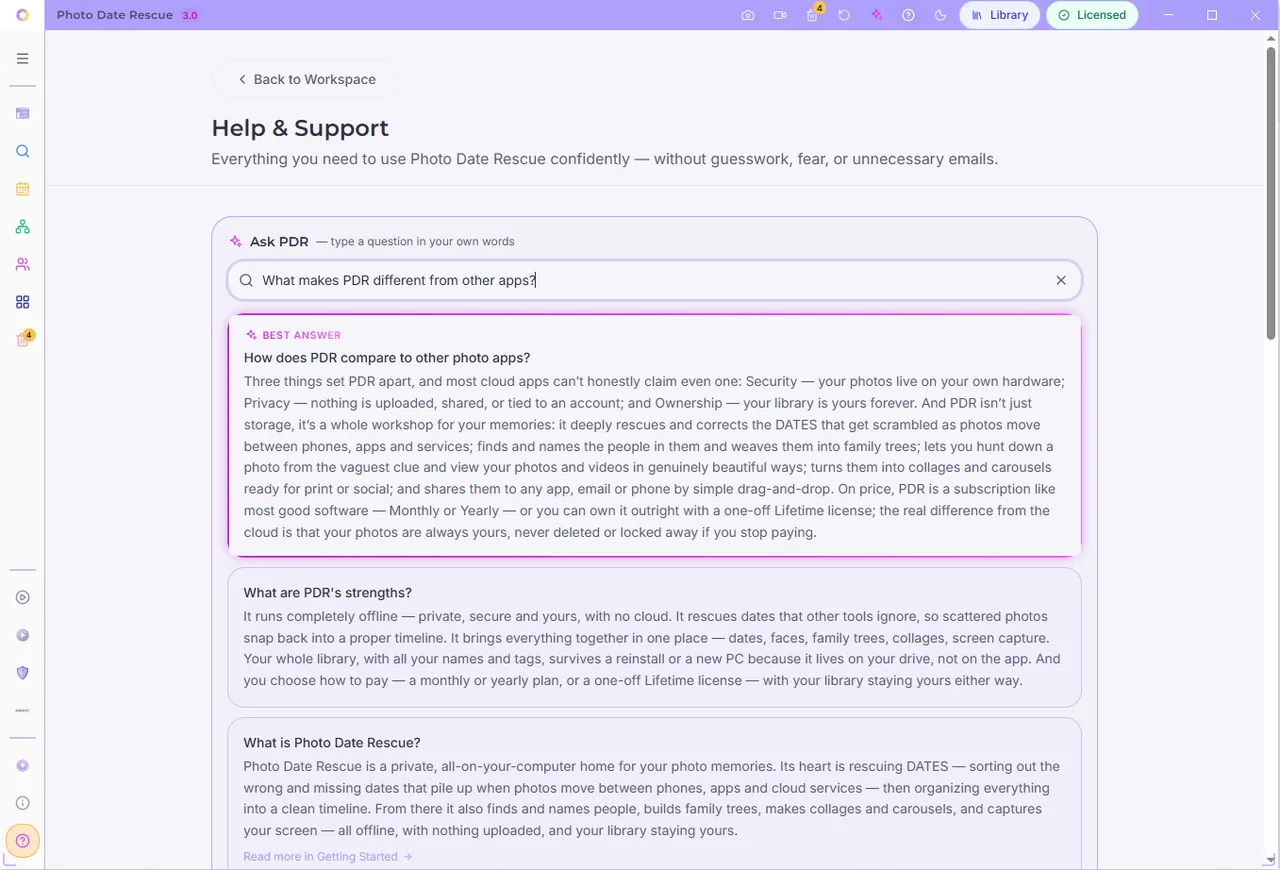 Photo Date Rescue Ask PDR help panel answering a question offline with a best answer and related results