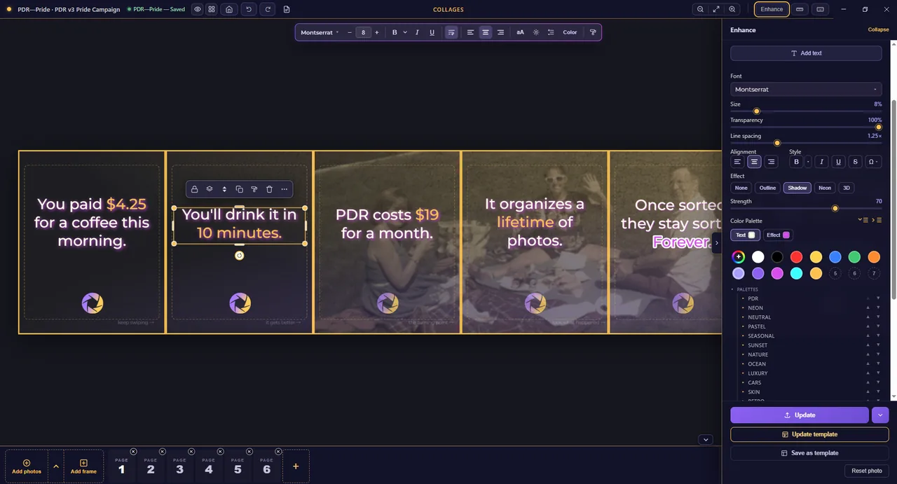 Photo Date Rescue multi-page carousel editor with per-page slides