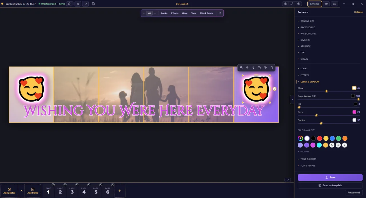 Photo Date Rescue collage editor with layered photos, text, emoji, glow and shadow effects