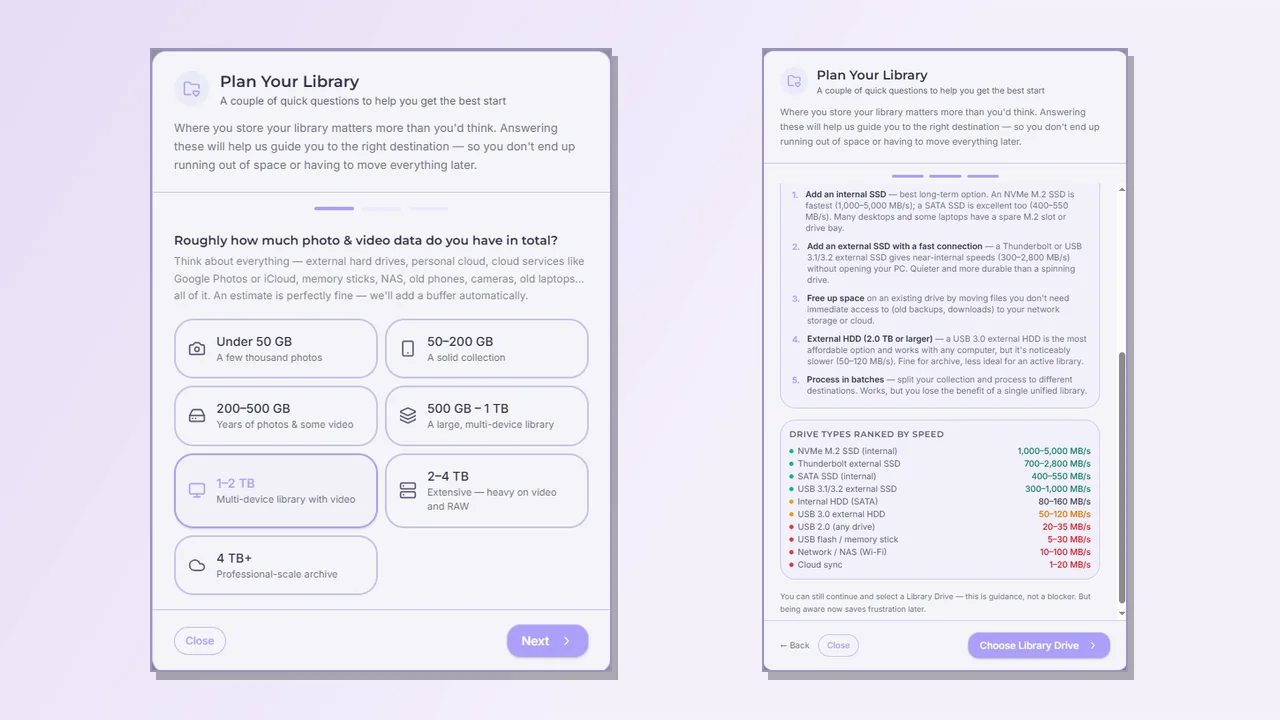 Photo Date Rescue Library Drive Advisor asking how much photo and video data you have, beside a guide ranking drive types by real-world speed