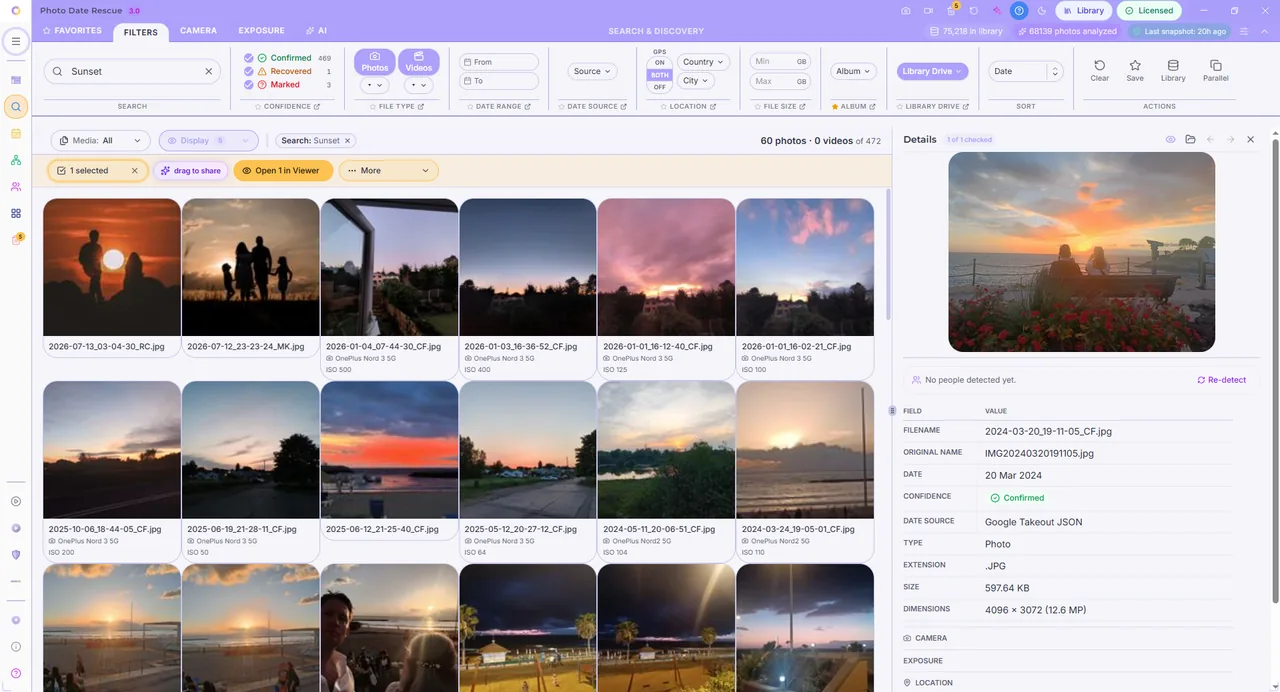 Photo Date Rescue Search & Discover showing sunset results with a details panel for date, camera and location