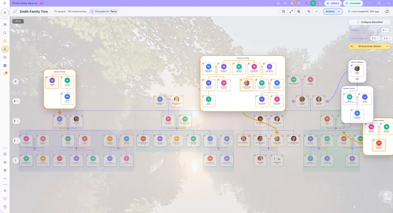 Photo Date Rescue Family Trees view mapping people across generations